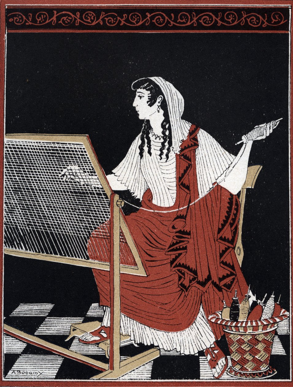 Odyssee d'Homere: Penelope, Odyssey of Homer: Penelope løsner konstant og gjør om billedveven på vevstolen sin mens hun venter på at Odysseus kommer tilbake) Illustrasjon av Andre Bonamy (1880-1943) i "Le retour d'Ulysse" av Jean Baptiste av Andre Bonamy