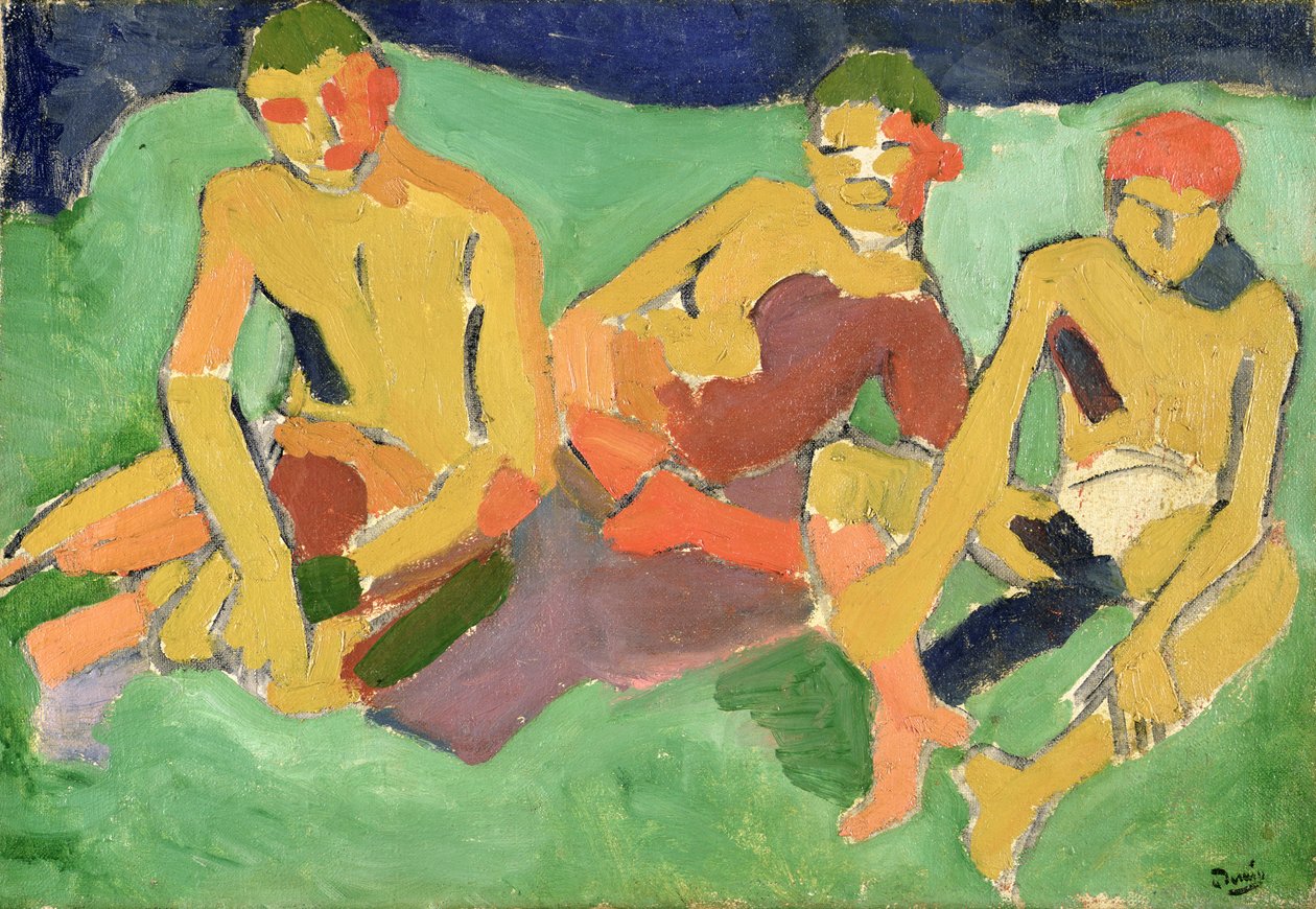 Tre figurer sittende på gress (olje på lerret) av Andre Derain