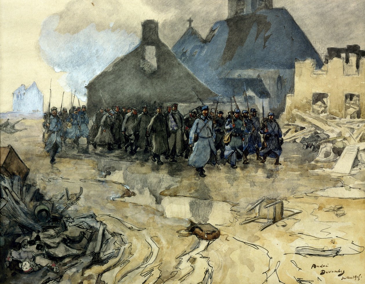 Første verdenskrig: retur av patruljen, juli 1915 (eau forte) av Andre Devambez