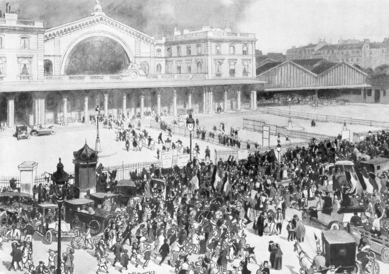 Gare de lEst jernbanestasjon under mobiliseringsperioden, Paris, Frankrike, 1914. av Andre Devambez