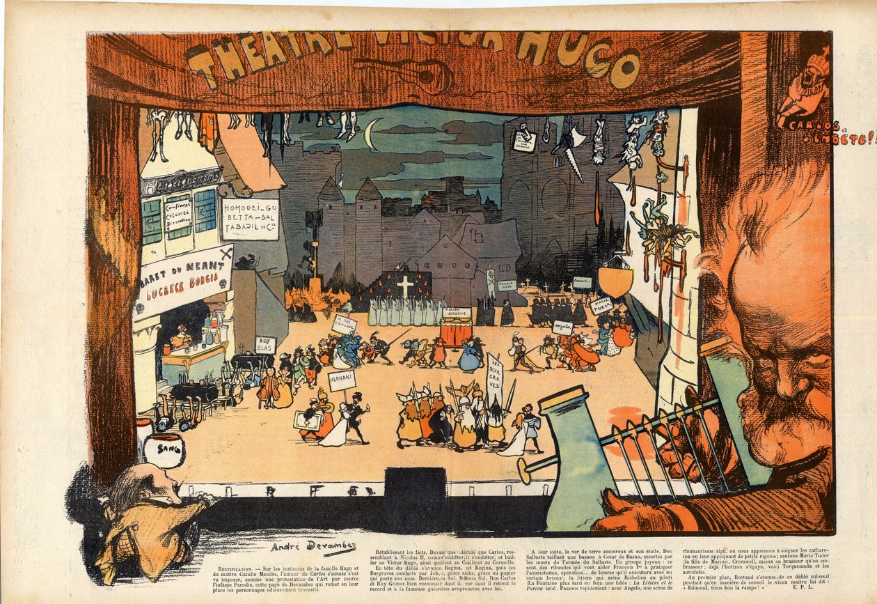 Teater av Victor Hugo av Andre Devambez (1867-1944) karikatur i "" Le rire""" fra 1902 av Andre Devambez
