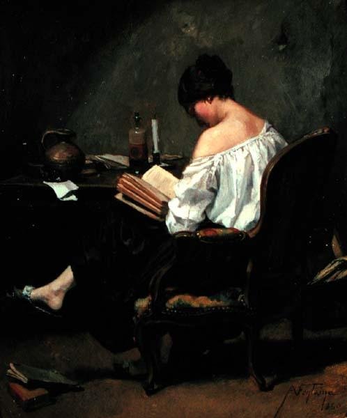 Jente leser ved levende lys av Andre Fontaine