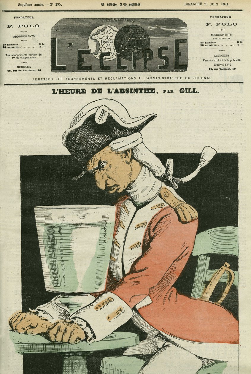 Absinthe hour, illustrasjon av et dikt av Gill. Omslag i "" L'Eclipse"" av Gill, 21. juni av Andre Gill