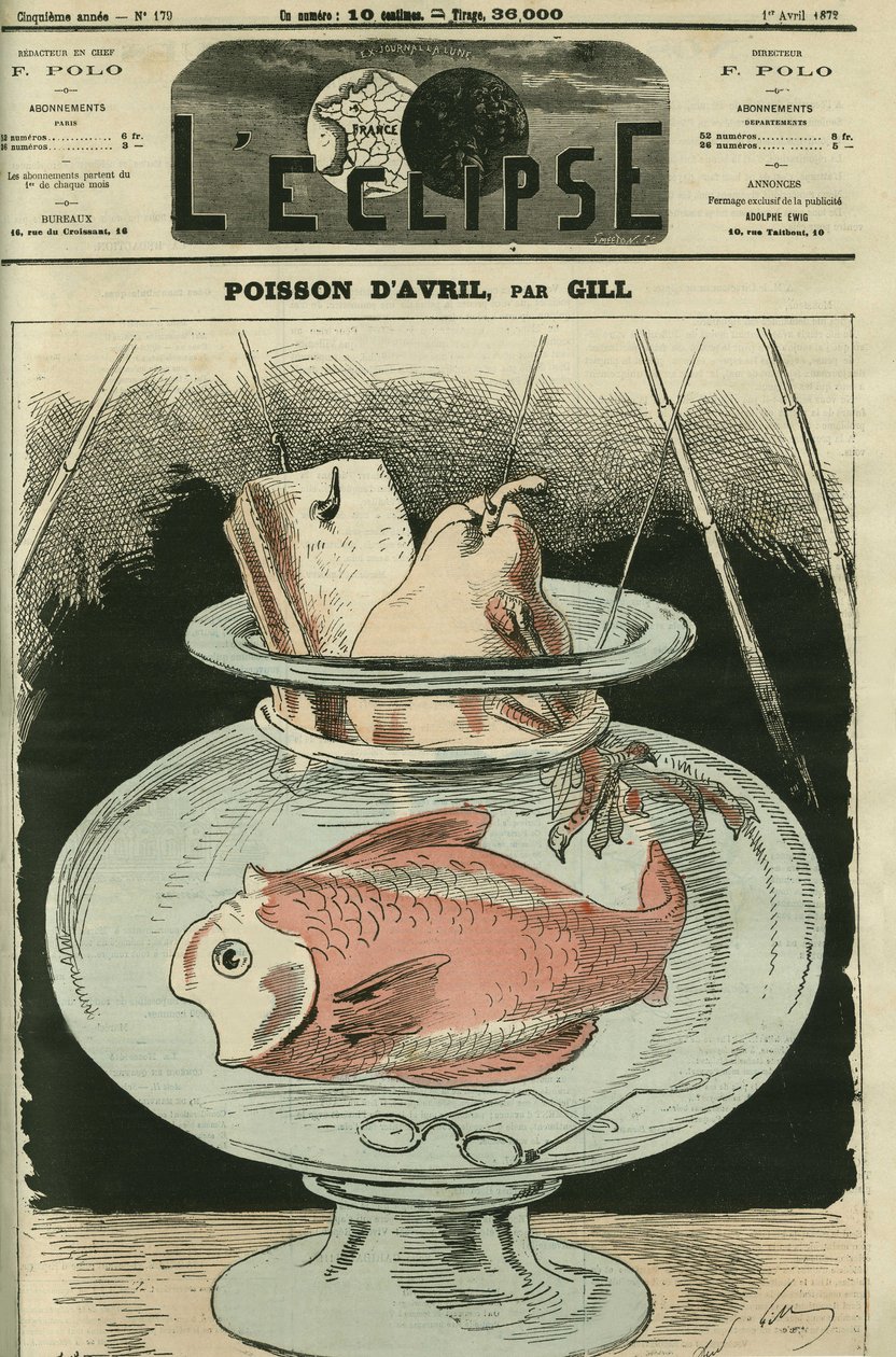 Aprilfisk, fisken er Adolphe Thiers (1797-1877). Omslag i "" L