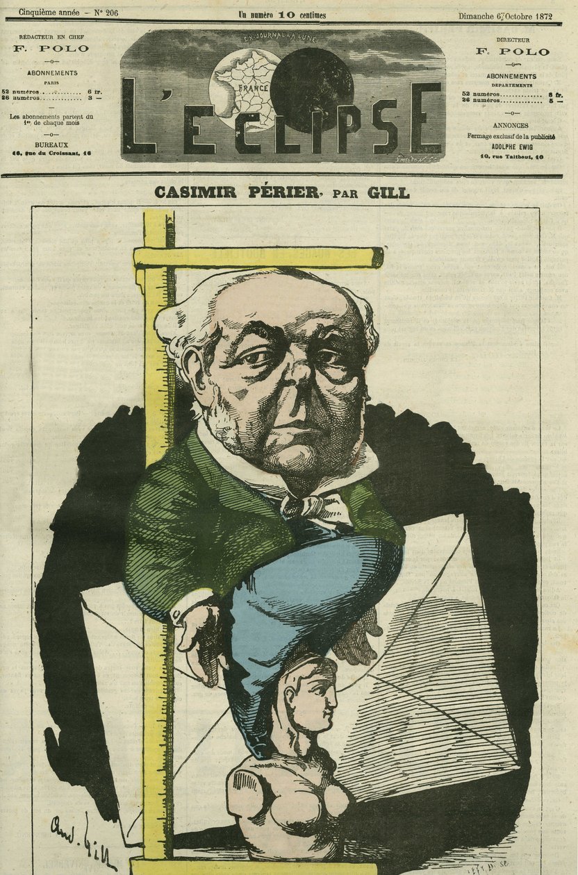 Auguste Casimir Perier (1811-1876), fransk politiker. Omslag i "" L'Eclipse"" av Gill, 6. oktober av Andre Gill