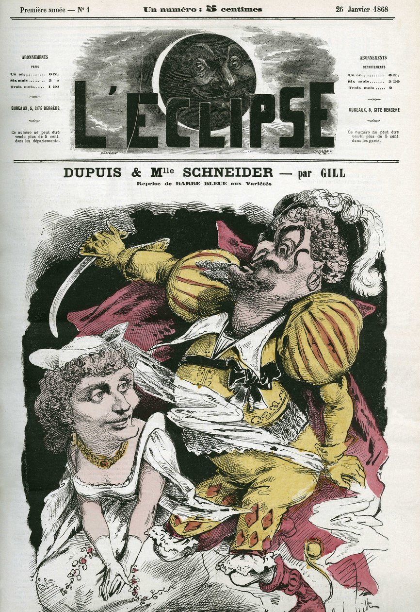 Beard-Bleue, operamat på Offenbachs musikk på Varietes-teatret, med Dupuis som «Beard-Bleue» og Hortense Schneider som Boulotte. Omslag i "" L