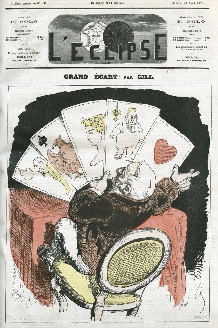 Stor spredning! , tegneserie om regjeringen til president Adolphe Thiers (1797-1877). Omslag i "" L'Eclipse"" av Gill, 20. april av Andre Gill