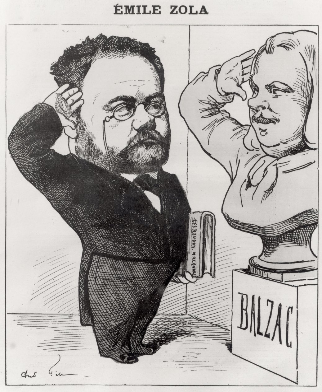 Karikatur av Emile Zola (1840-1902) Hilsen en byste av ære de Balzac (1799-1850) 1878 av Andre Gill