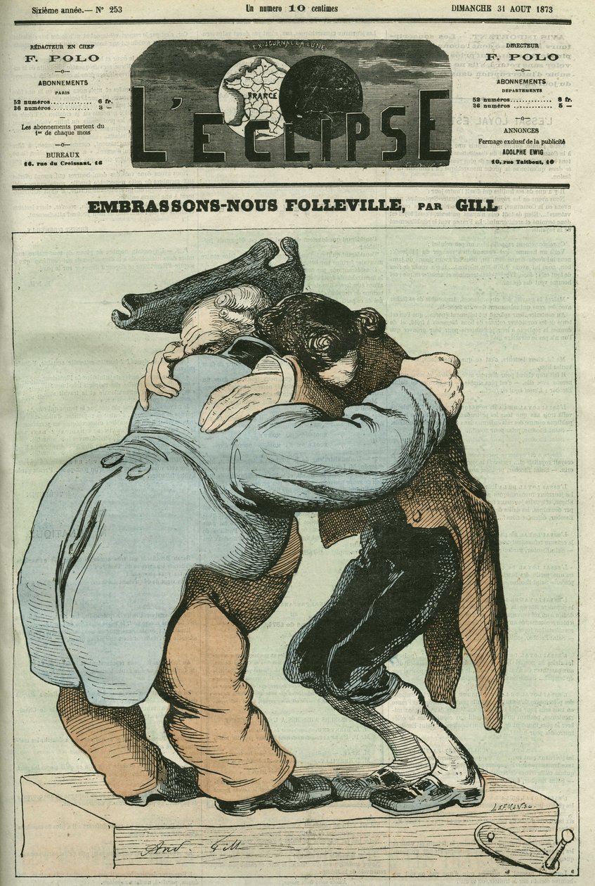 Tegneserie "We Kiss Folleville", vaudeville av Eugene Labiche (1815-1888) og Auguste Lefranc (1814-1878). Omslag i "" L