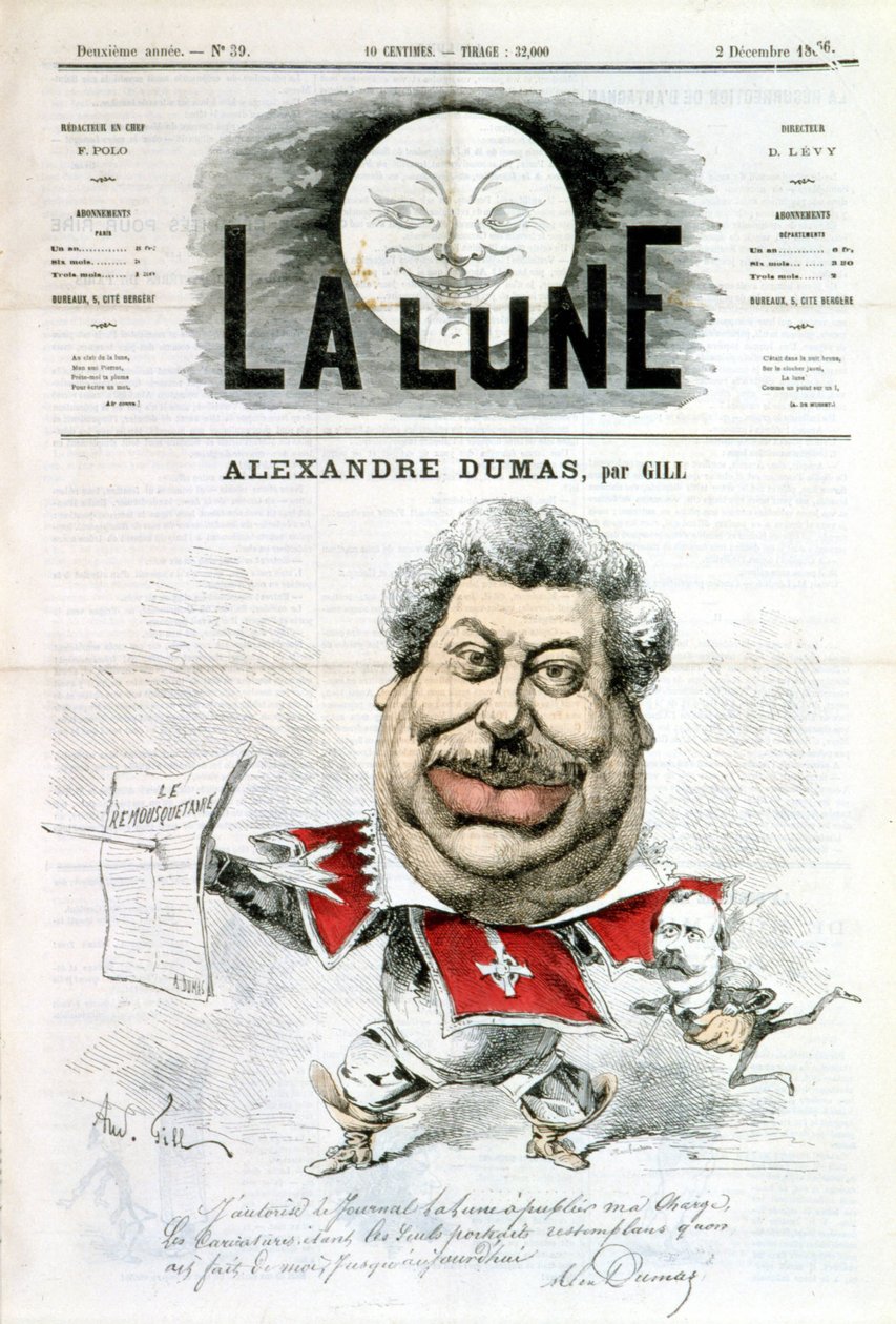 Tegneserie og autograf av Alexandre Dumas - av Gill i "La Lune"" fra 02.12.1866 av Andre Gill