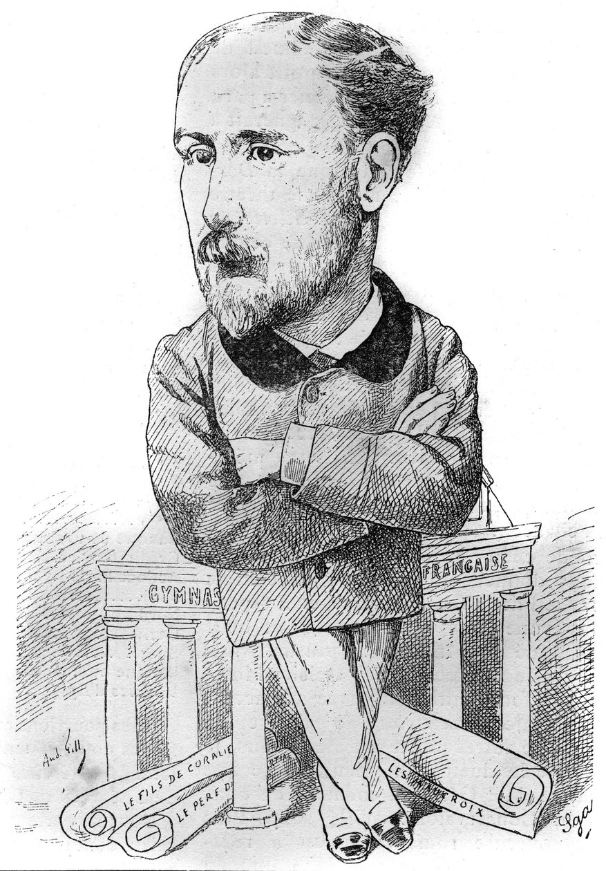 Tegneserie av Albert Delpit (1849-1893), fransk forfatter. Tegning av Andre Gill. Gravering i "" Le Monde Illustré"" av Andre Gill