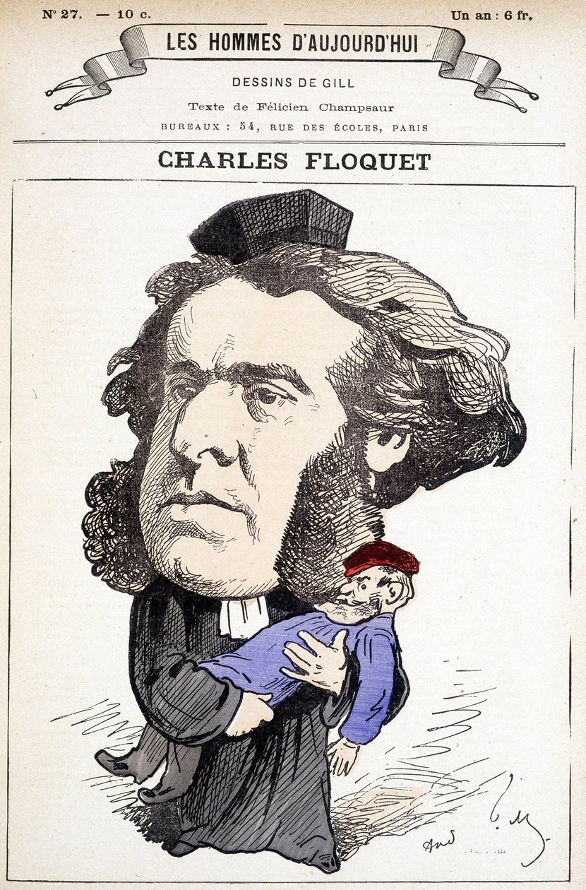 Tegneserie av Charles Floquet (1828-1896), advokat og president for rådet mellom 1888 og 1889. Han såret general Boulanger i en duell, hvis ideer han kjempet mot. Tegning av Gill i «The Men of Today». av Andre Gill