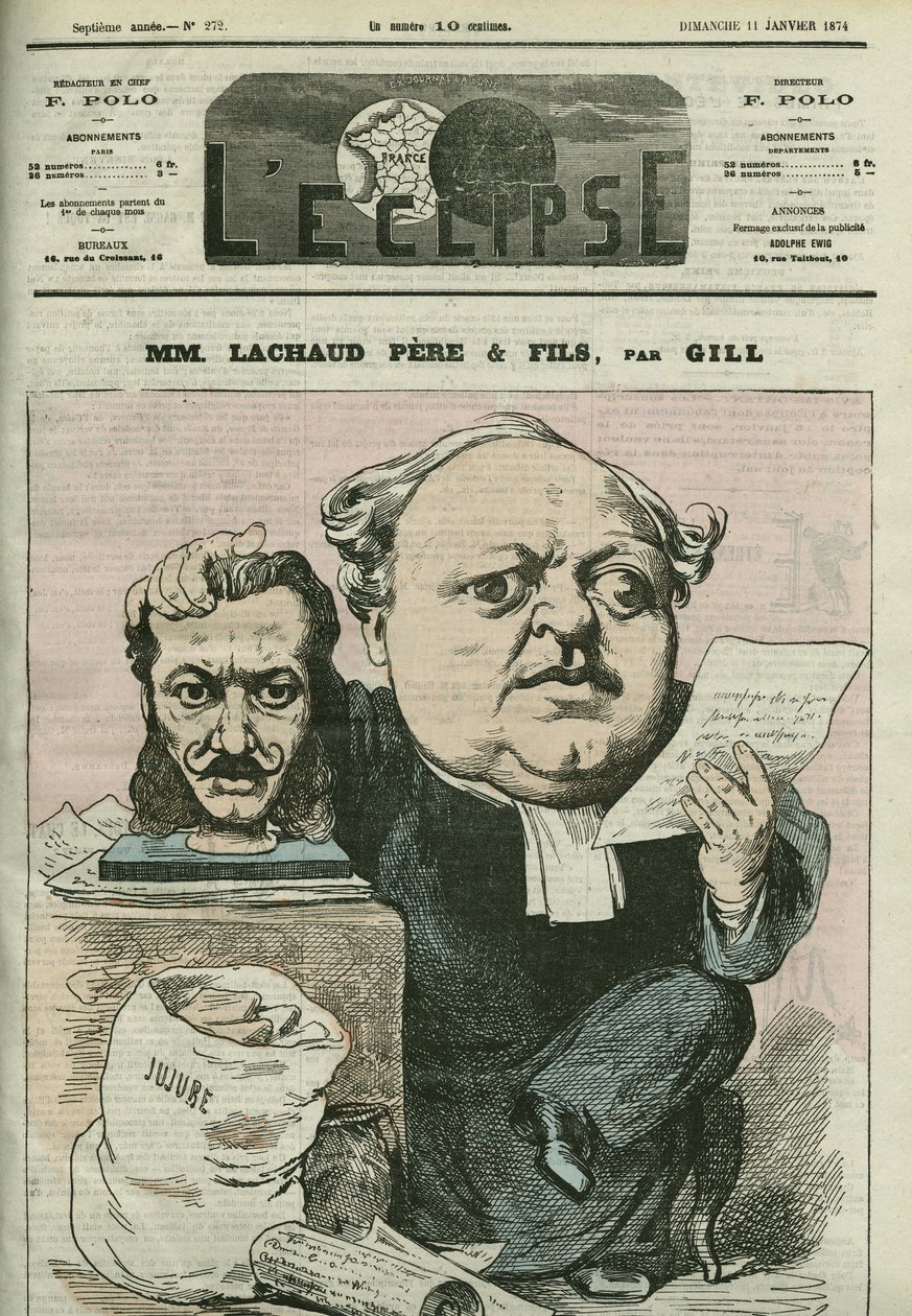 Tegneserie av Charles Lachaud (1817-1882), fransk advokat. Omslag i "" L