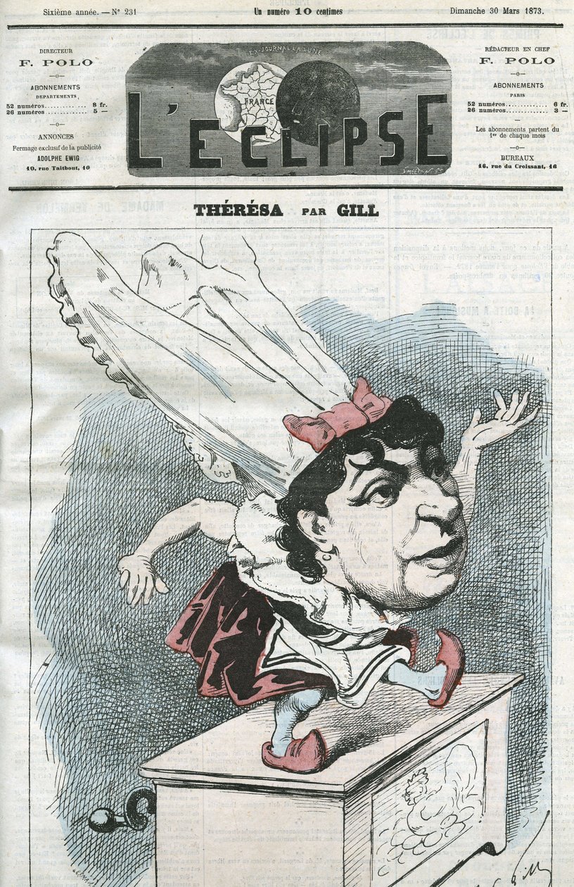 Tegneserie av Emma Valendon kalt Theresa (1837-1913), fransk populær sanger. Omslag i "" L'Eclipse"" av Gill, 30. mars av Andre Gill