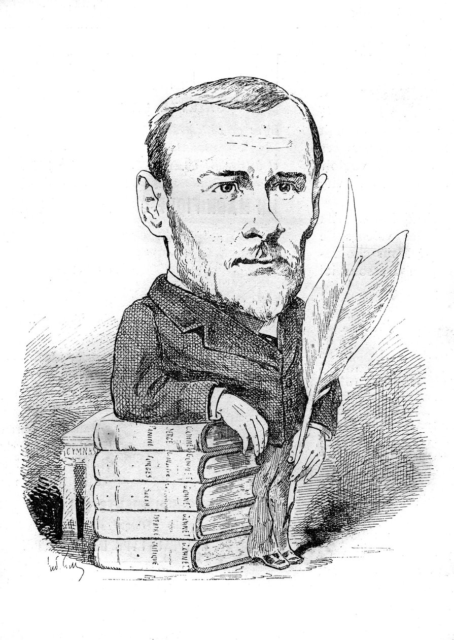 Tegneserie av Georges Ohnet (1848-1918), en fransk forfatter som representerer med sine bøker og penn. Tegning av Andre Gill. Gravering i "" Le Monde Illustré"" av Andre Gill