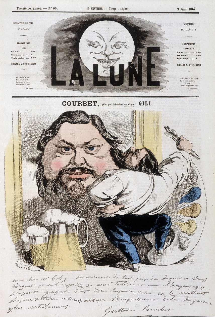 Tegneserie av Gustave Courbet - Illustrasjon av Andre Gill (1840-1885) i "" La Lune"" av 09.06.1867 av Andre Gill