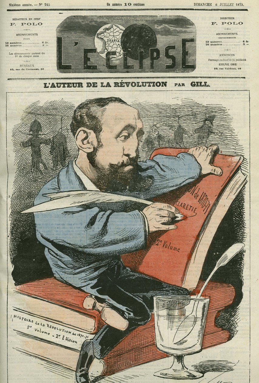 Tegneserie av Jules Claretie (1840-1913), fransk romanforfatter, dramatiker og kritiker. Omslag i "" L