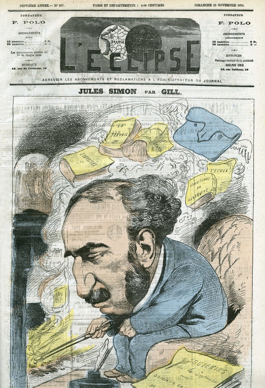 Tegneserie av Jules Simon (1814-1896), politiker, filosofihistoriker, filosof, fransk essayist. Omslag i "" L
