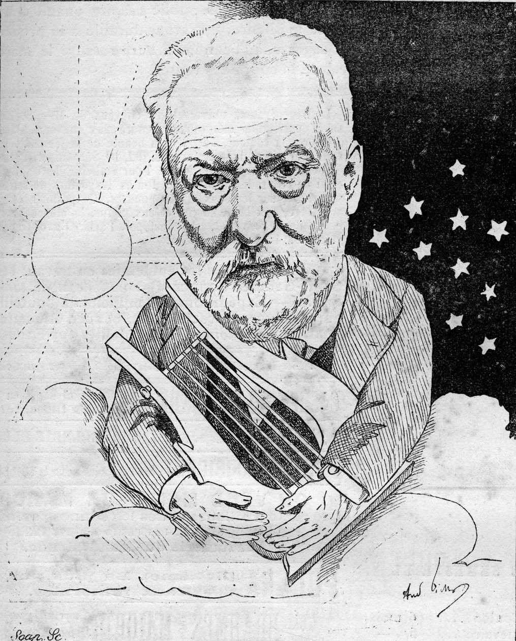 Tegneserie av Victor Hugo (1802-1885), en fransk forfatter, skildrer med en lyre på en sky på himmelen mellom dag og natt. Tegning av Andre Gill. Gravering i "" Le Monde Illustré"" av Andre Gill
