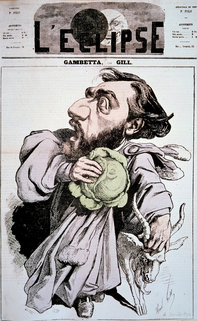 Tegneserie som viser Leon Gambetta (1838-1882), en fransk politiker. Tegning av Andre Gill (1840-1885) i "" L