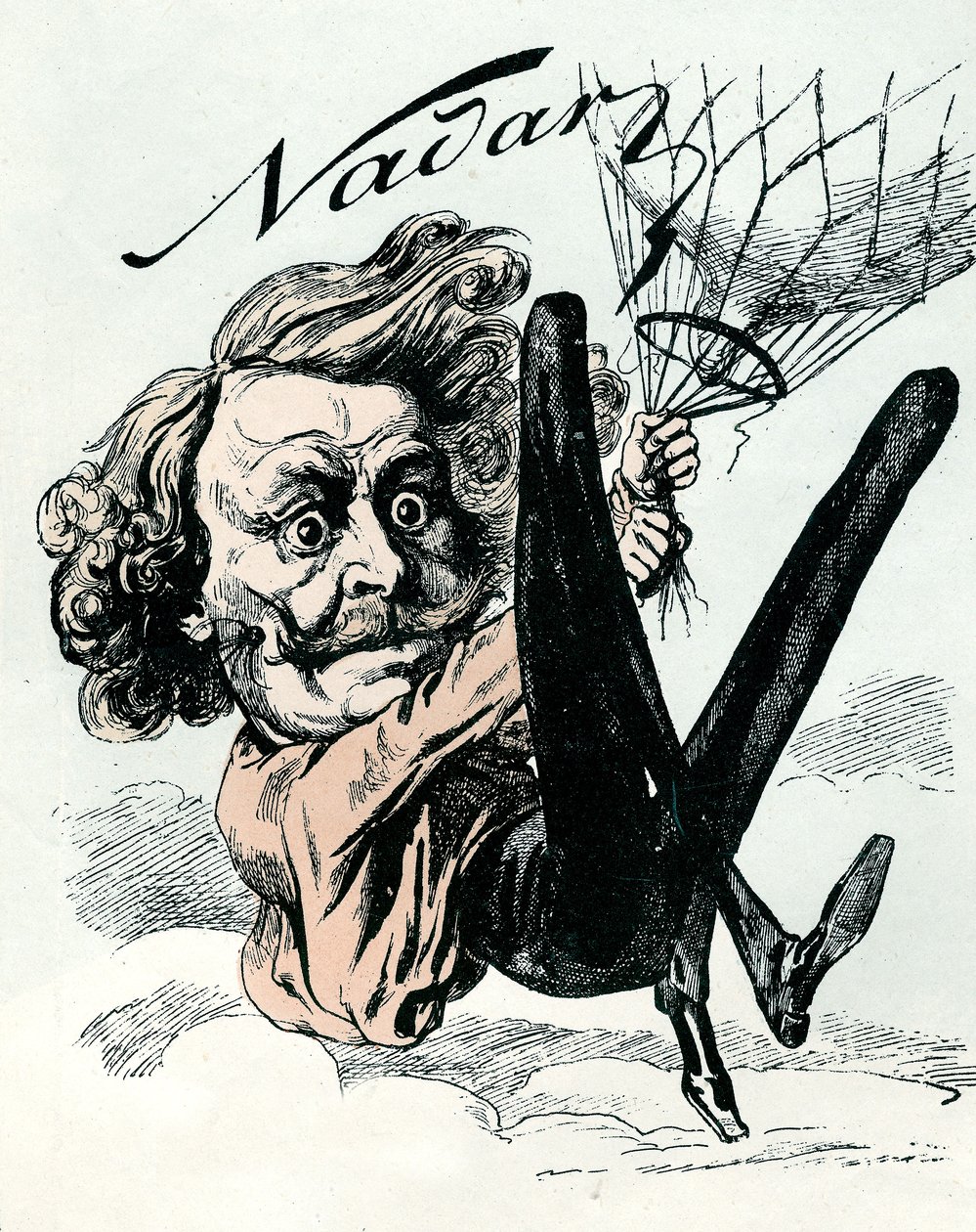 Tegneserie av Felix Nadar, pioner innen flybilde i 1858, her hengende fra ballongen hans (gravering) av Andre Gill
