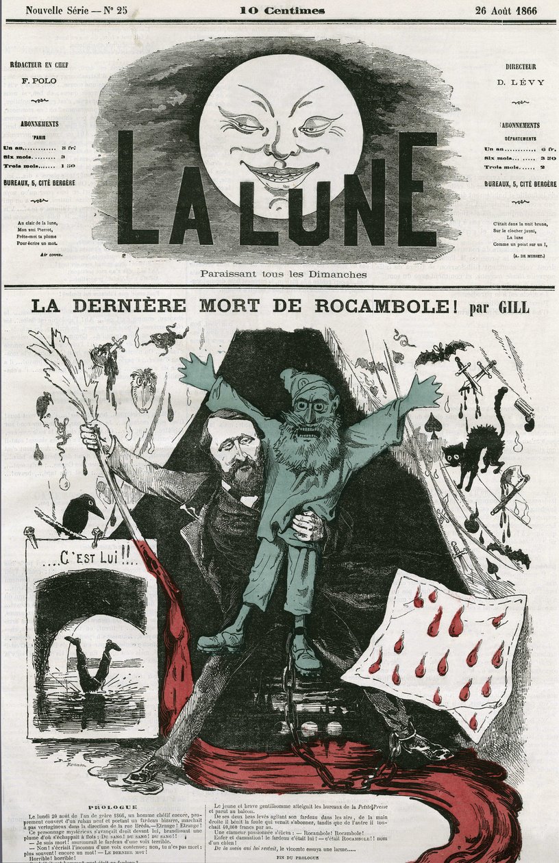 Tegneserie av "La last mort de Rocamole"" og dens forfatter, Pierre Alexis Ponson du Terrail (1829-1871). Tegneserie av Gill, i "The Moon", 26. august av Andre Gill
