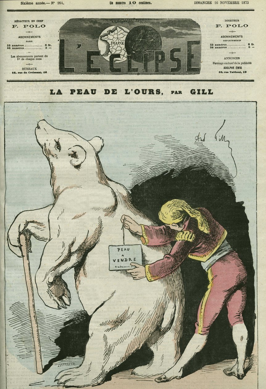 Tegneserie av "The skin of the bear, skin for sale", med referanse til politikere som anses å være selgere. Omslag i "" L