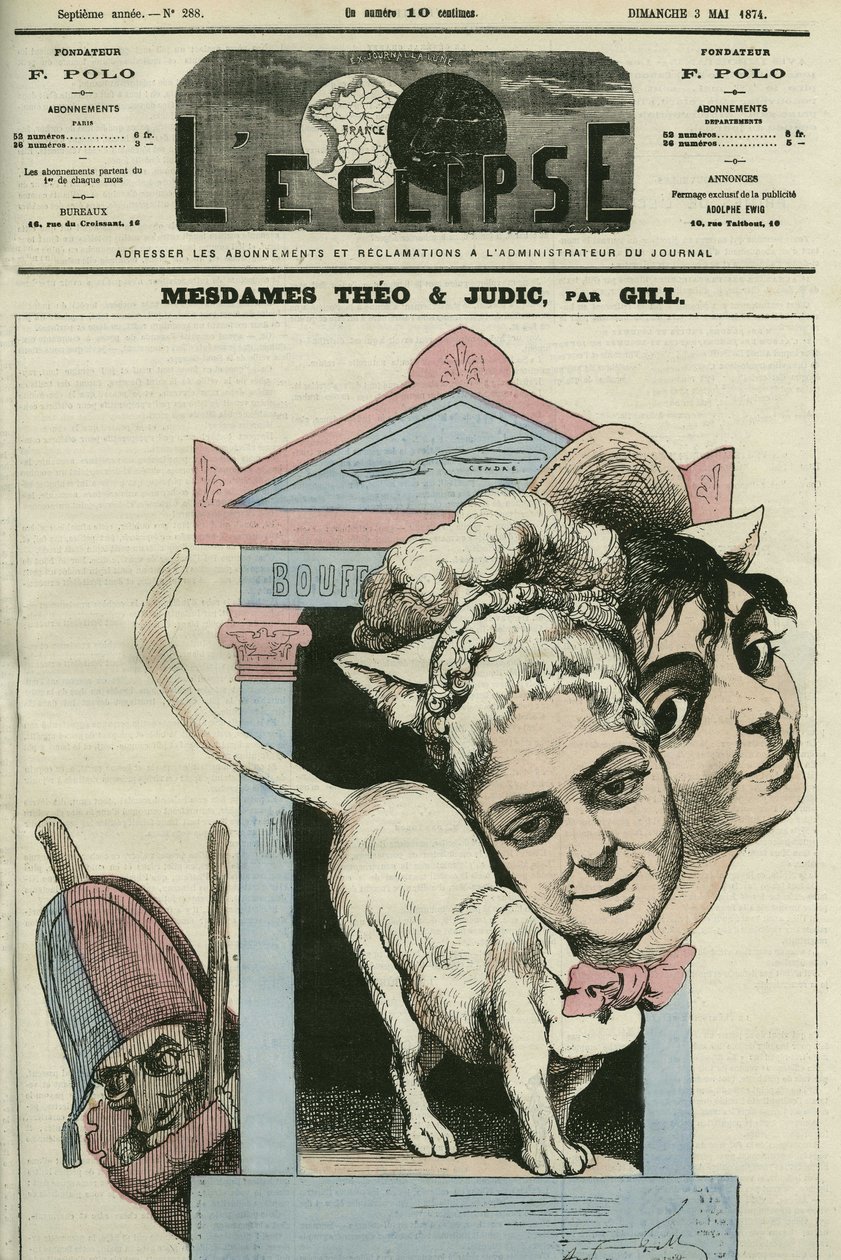 Tegneserie av damene Louise Theo og Anna Judic, sangere i et skuespill av Jacques Offenbach (1819-1880), komponist. Omslag i "" L