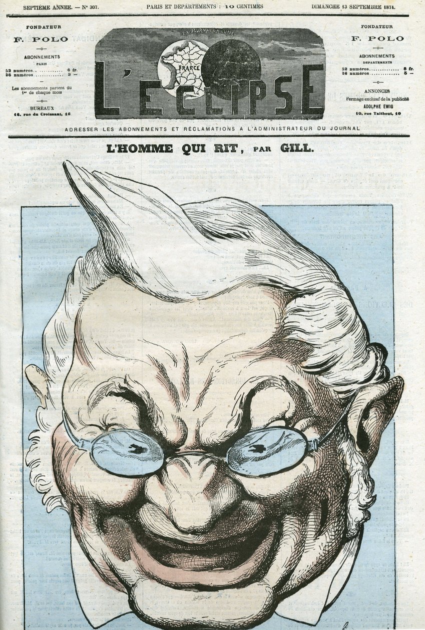 Tegneserie av "" mannen som ler"", Adolphe Thiers (1797-1877), fransk politiker. Omslag i "" L