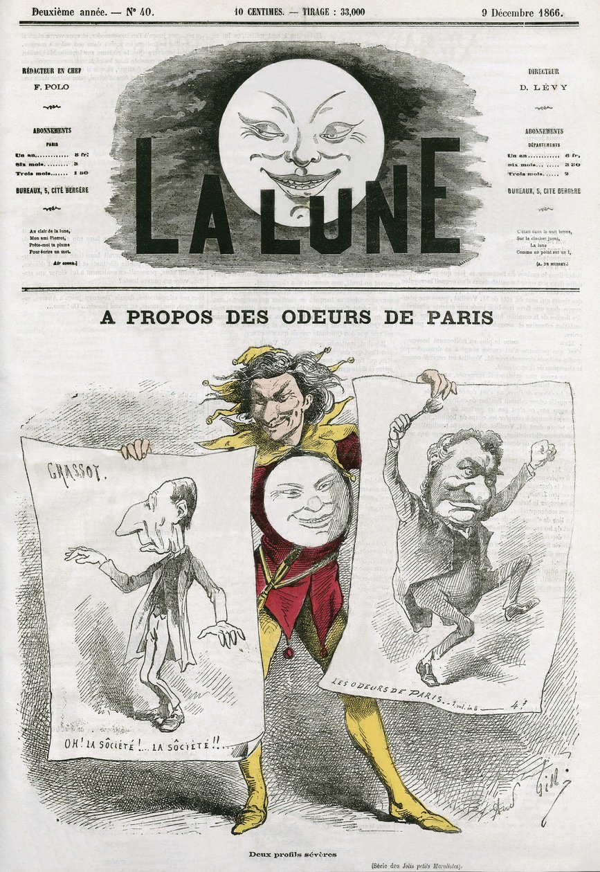 Tegneserie om en bok "Les Odeurs de Paris" av Louis Veuillot (1813-1883), fransk forfatter. Tegneserie av Gill, i "The Moon", 9. desember av Andre Gill