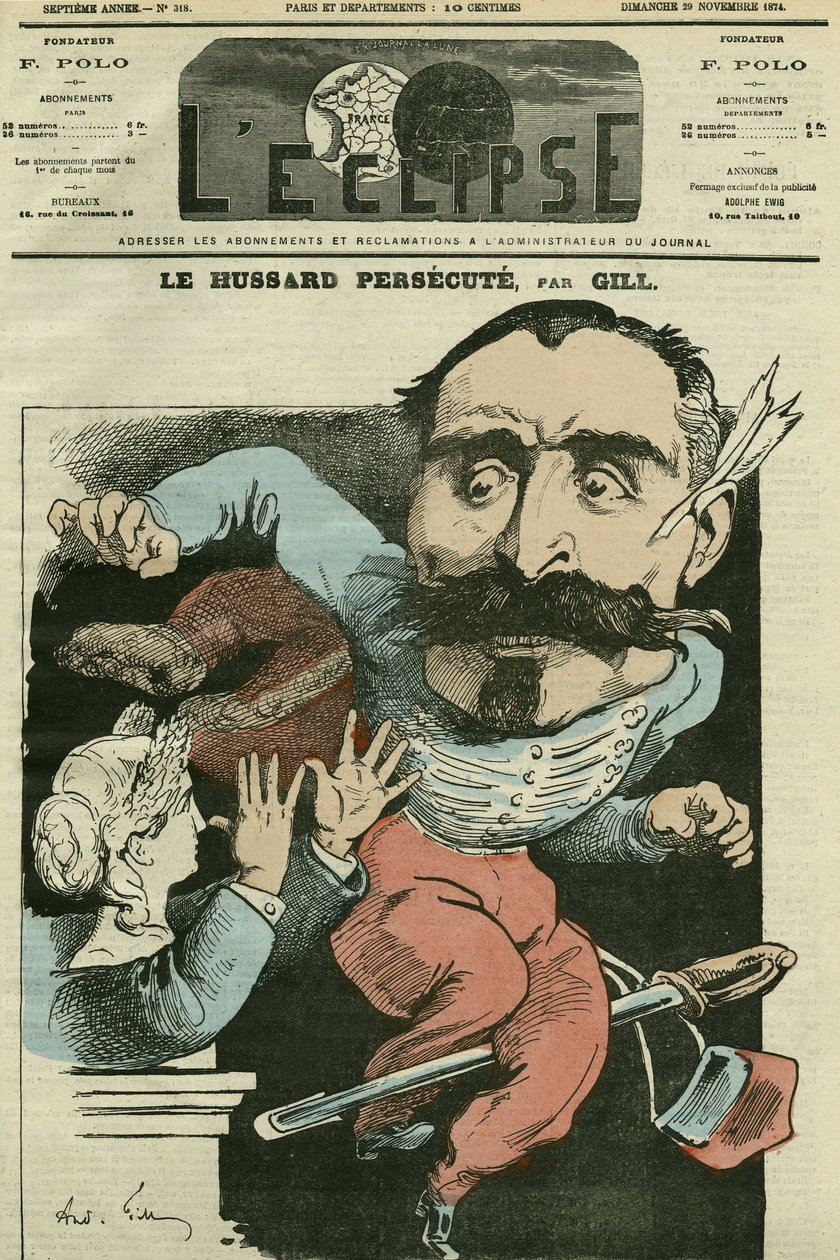 Tegneserie "" husaren forfølger (av Marianne som gjør nesen), Monsieur de Saint-Genest (Saint Genest). Cover i "" The Eclipse"" av Gill, 29. november av Andre Gill