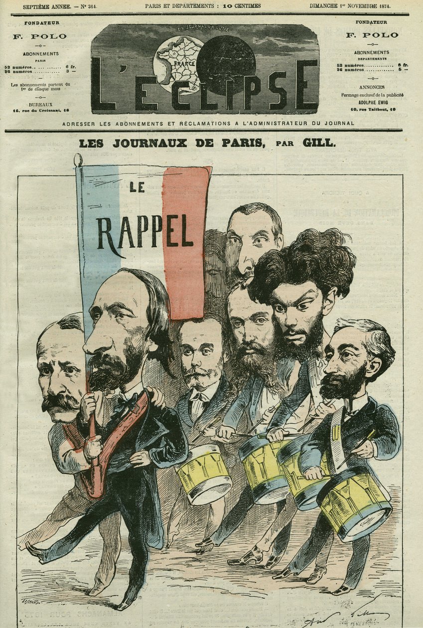 Tegneserie "" tilbakekallingen"" av Republique av Paris-avisene, med Paul Meurice (1818-1905), Auguste Vacquerie (1819-1895), Gaulier, Blum, Lefevre, D