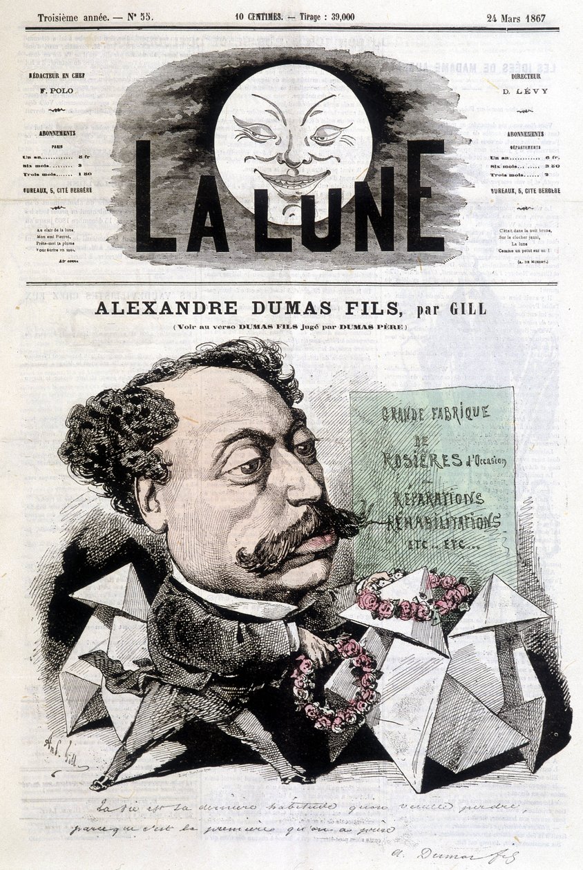 Komisk tegning på Alexandre Dumas Fils av Gill. Omslag "" La Lune"" fra 24.03.1867. av Andre Gill