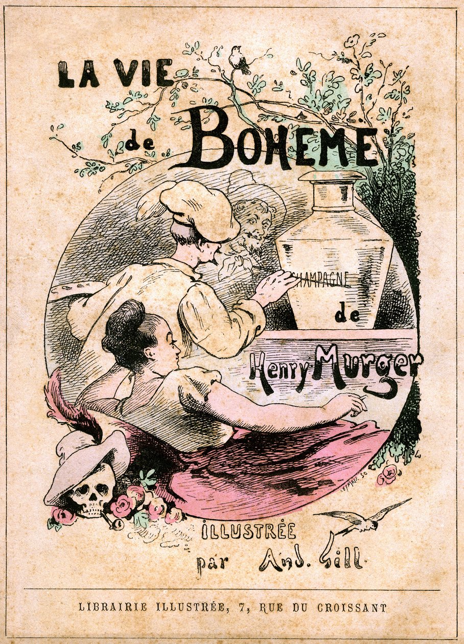 Omslag til boken "The Life of Boheme"" av Henry Murger: maler som maler ordet "" champagne "" på en vase, foran en ung kvinne av Andre Gill