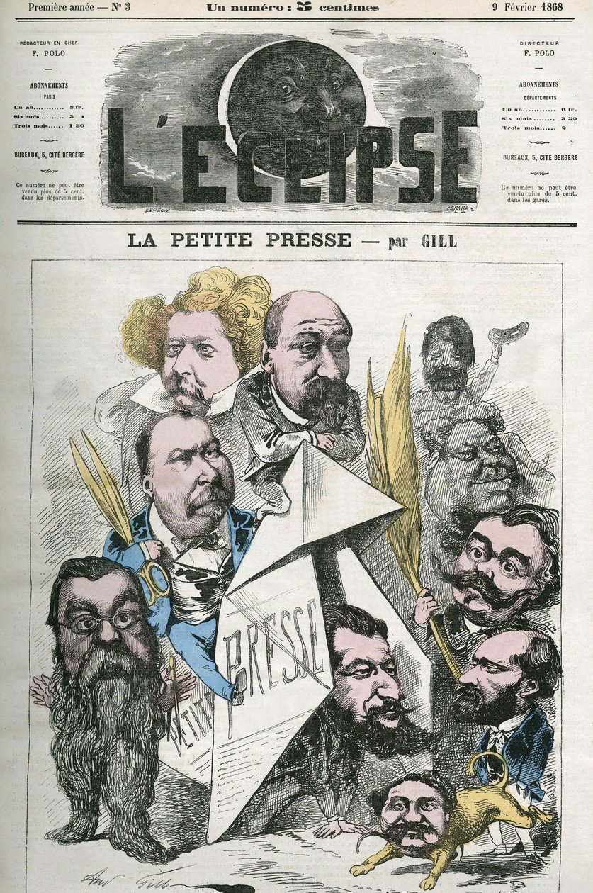Opprettelsen av ""La Petite Presse"", med Jannin, Delsaux, Hermant, Hemery, De Balathier, Bragelonne, Dumas, Ponson du Terrail, Jean du Boys, Revillon og Coste. Cover i "" The Eclipse"" av Gill, 9. februar av Andre Gill