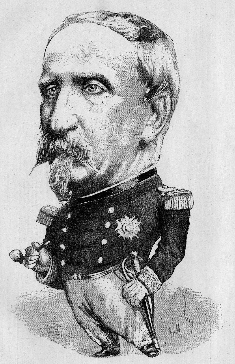 Tegning av Andre Gill som representerer hertugen av Aumale (1822-1897), fransk politiker og historiker, medlem av det franske akademiet. Gravering i "" The Illustrous World "" 1885 av Andre Gill
