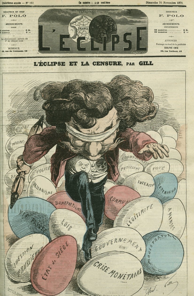 Formørkelse og sensur, en illustrasjon av Gill som går på ufs. Omslag i "" L