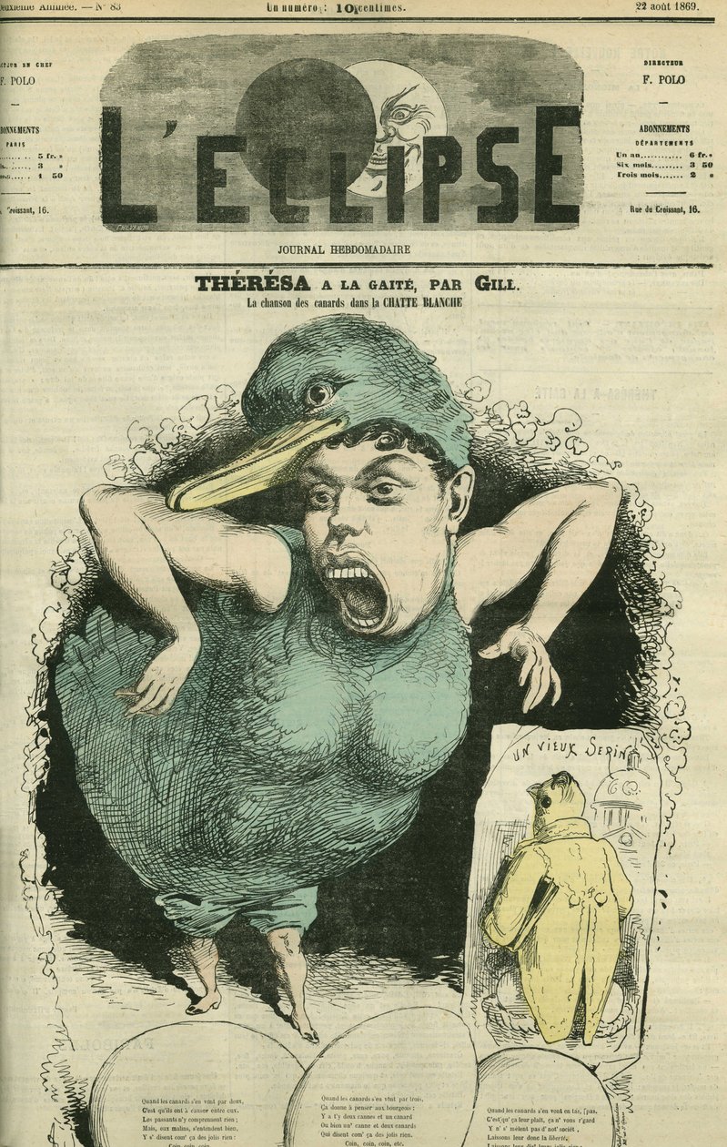 Emma Valendon dit Theresa (1837-1913), sanger i «The Tyrolean ducks» på Gaite Theatre. Omslag i "" L'Eclipse"" av Gill, 22. august av Andre Gill