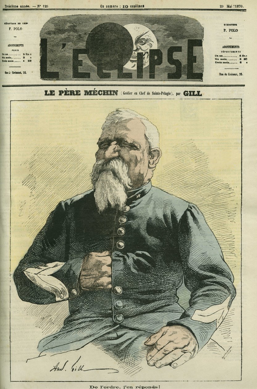 Fader Mechin, sjefsgeolier i Sainte-Pelagie fengsel i Paris. Omslag i "" L'Eclipse"" av Gill, 29. mai av Andre Gill