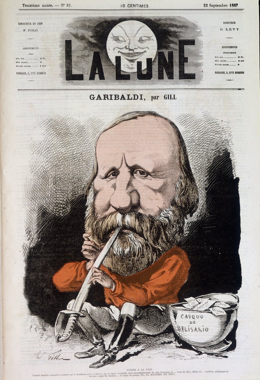 Giuseppe Garibaldi (1807-1882), hymne til fred - av Gill, i "The Moon"" fra 22.09.1867 av Andre Gill