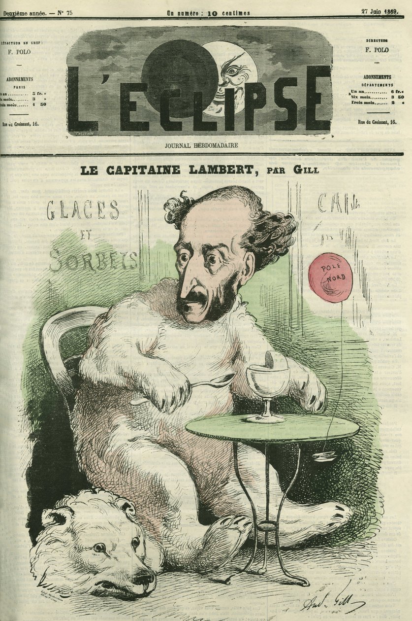 Gustave Lambert, fransk oppdagelsesreisende og vitenskapsmann. Omslag i "" L'Eclipse"" av Gill, 27. juni av Andre Gill