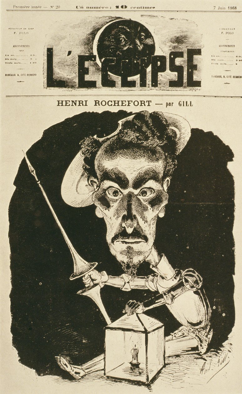 Henri Rochefort, forsideillustrasjon fra 'L'Eclipse' magazine, 7. juni 1868 av Andre Gill