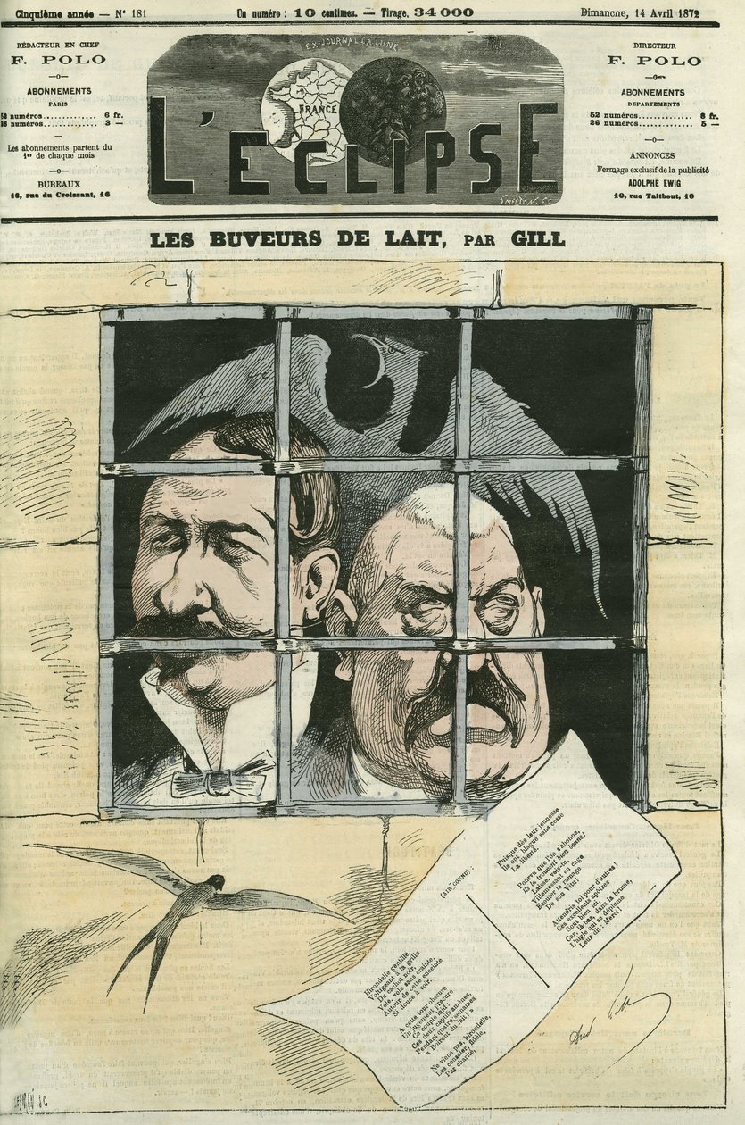 Hippolyte de Villemessant (1810-1879), grunnlegger av Le Figaro og Francis Magnard (1837-1894) journalist og seniorsamarbeidspartner av Villemessant. Avisen vil bli slettet under Kommunen og gjenopprettet under Thiers. Omslag i "" L