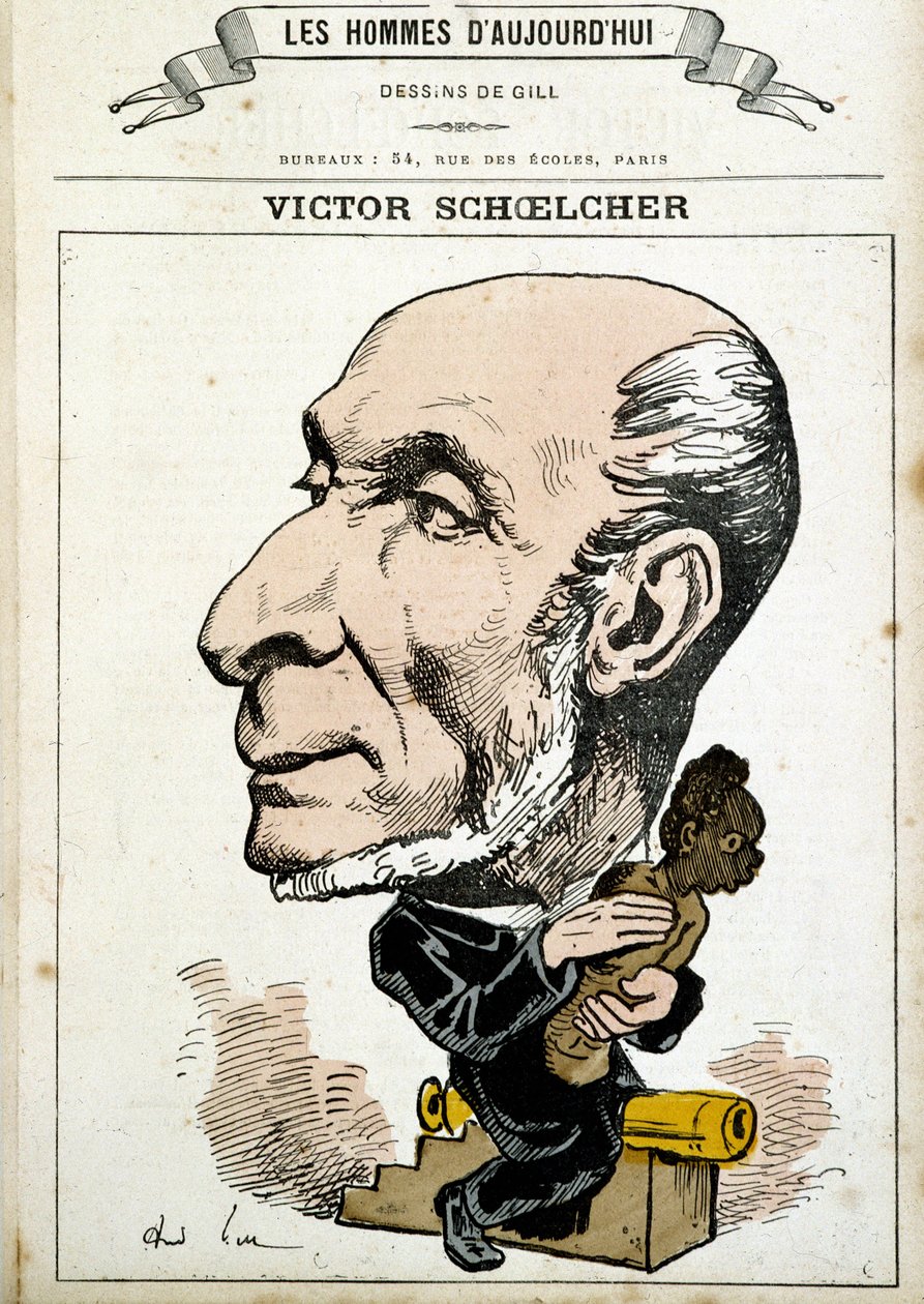 Humoristisk tegning på Victor Schoelcher og avskaffelsen av slaveri - av Gill, i "The Men of Today"" av Andre Gill