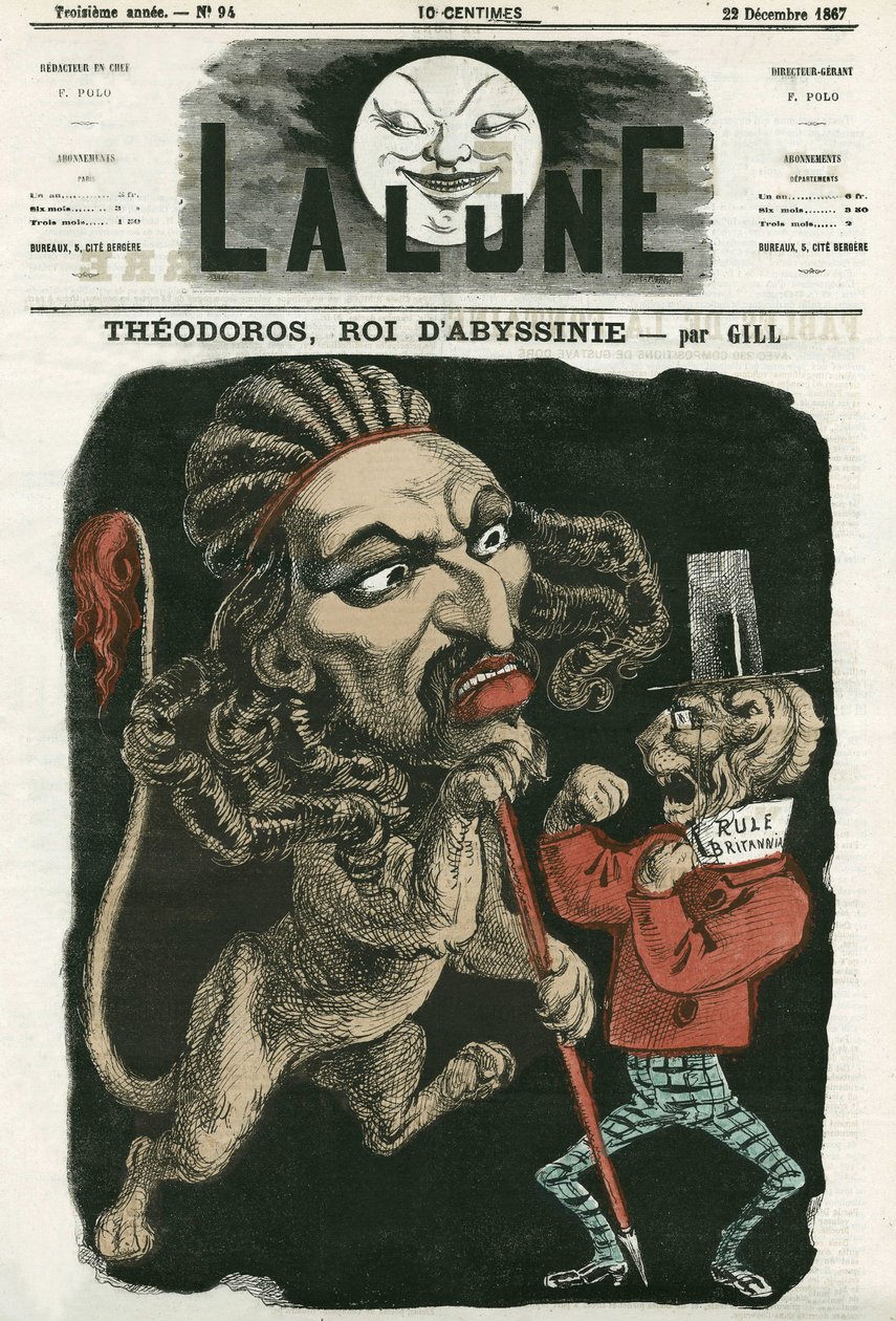 Illustrasjon av "" Theodoros, konge av Abessinia""". Tegneserie av Gill, i "La Lune", 22. desember 1867. av Andre Gill