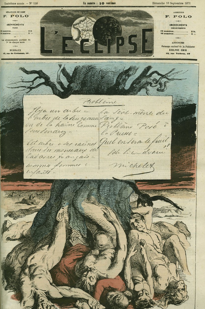 Jules Michelet (1798-1874), en fransk historiker, var voldelig mot krigen i 1870 og landets forløsning. Omslag i "" L