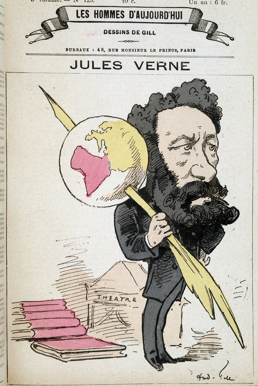 Jules Verne klyper jorden til pennen sin - av Gill, i «The men of today»» av Andre Gill