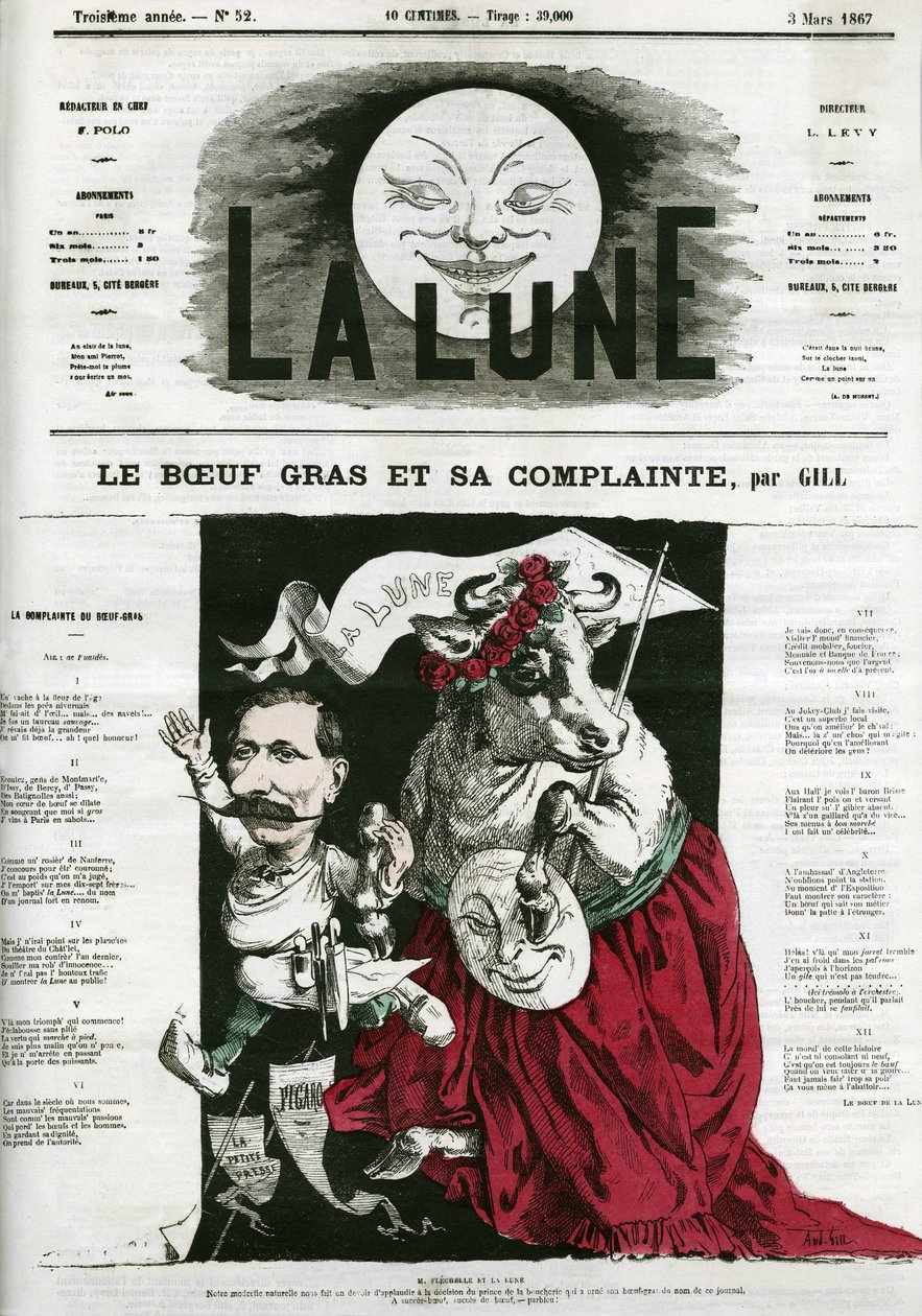 Le Boeuf gras et sa lament, illustrasjon av en sang. Tegneserie av Gill, i «La Lune», 3. mars av Andre Gill