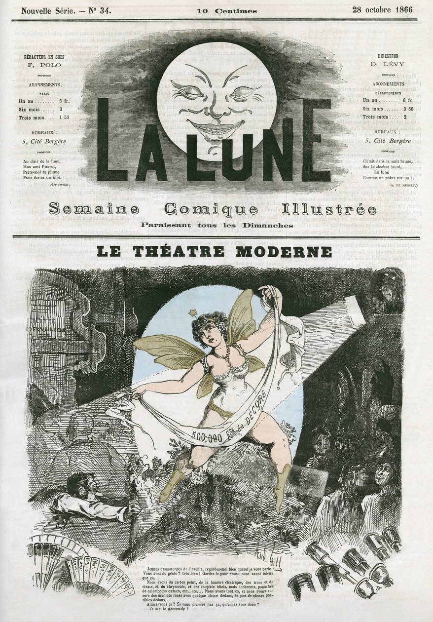 Le Theatre Moderne i Paris. Karikatur av Gill, i «La Lune», 28. oktober av Andre Gill