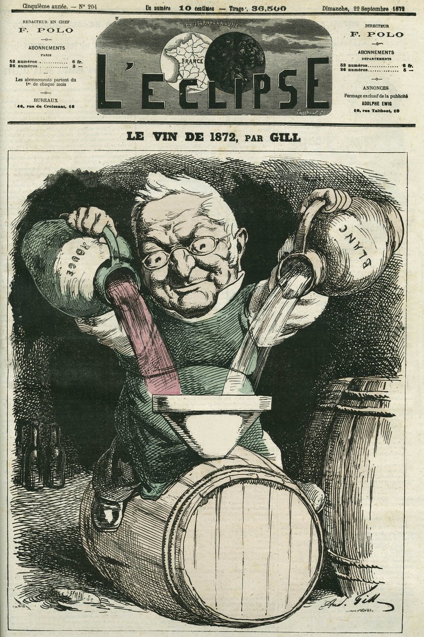 Le vin de 1872, illustrasjon av Adolphe Thiers som blander hvit og rødvin (1797-1877), fransk historiker og statsmann. Omslag i "" L